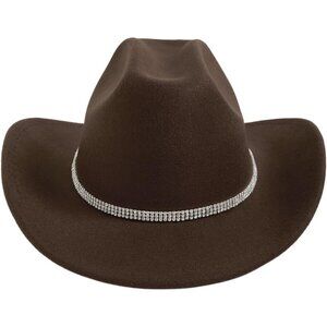 Verdusa Women Dark Brown 100% Polyester Rhinestone Diamond Band Cowboy Felt Hat